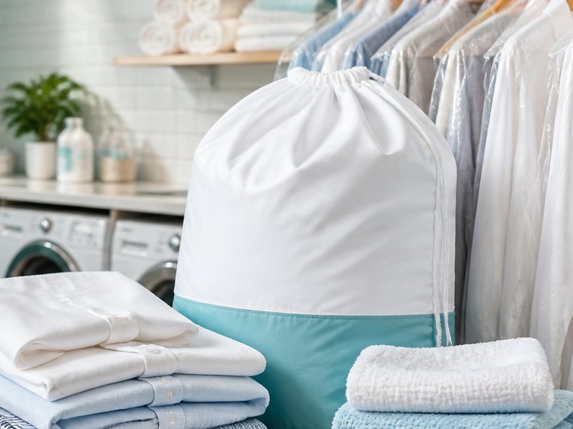 Premium laundry setup with folded shirts, towels and a clean laundry bag